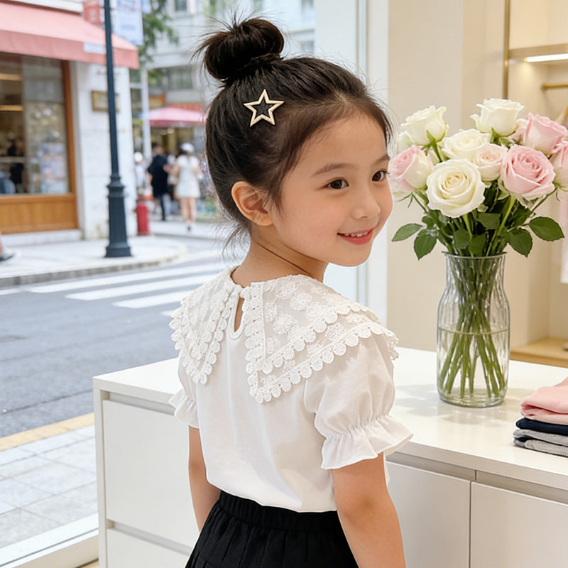 Girls T-shirt with romantic lace collar and ruffle details Mune Fashion