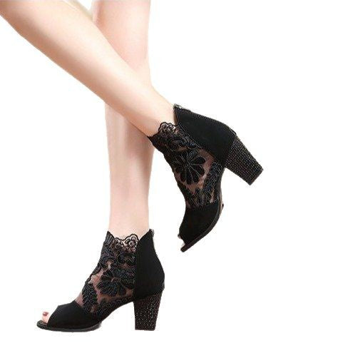 Damen Spitzen-Open-Toe Stiefelette mit floralem Sticknetz und dekorativem Blockabsatz Mune Fashion