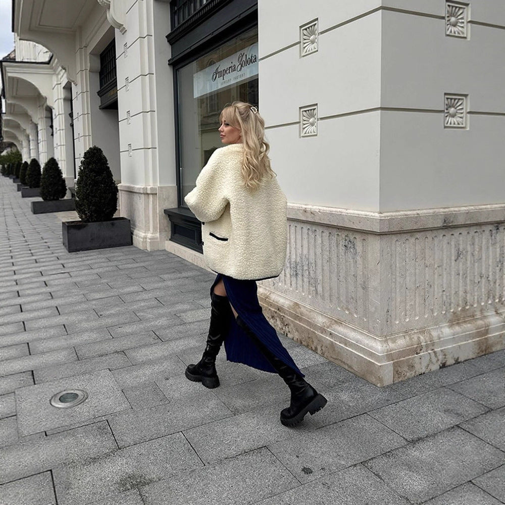 Women Boxy Teddy-Fleece Jacket with Toggle Fastenings and Contrast Edges Mune Fashion