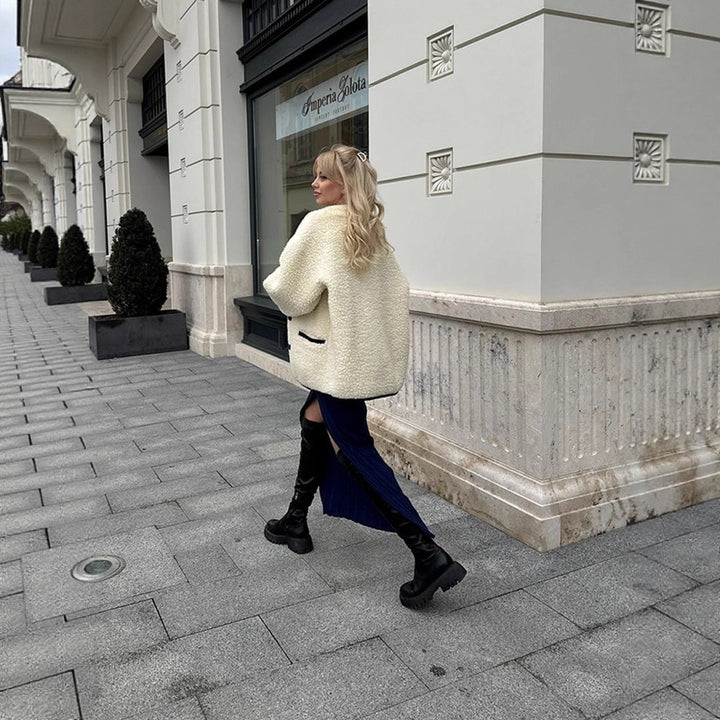 Women Boxy Teddy-Fleece Jacket with Toggle Fastenings and Contrast Edges Mune Fashion