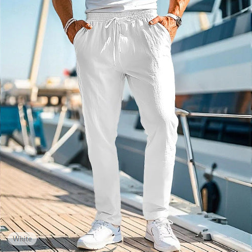 Men's casual linen blend jogger pants with drawstring, angled pockets and narrow ankle cuffs Mune Fashion