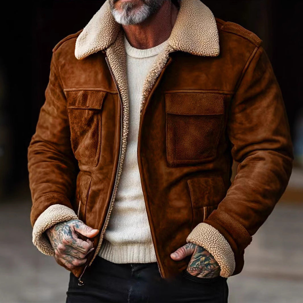Men's nan aviator leather jacket with faux shearling lining, patch chest pockets and zip Mune Fashion