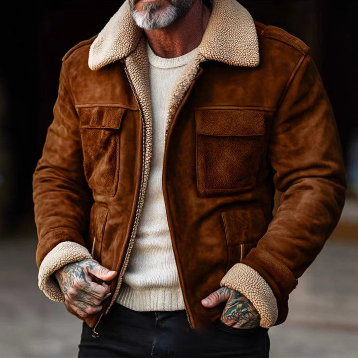 Men's nan aviator leather jacket with faux shearling lining, patch chest pockets and zip Mune Fashion