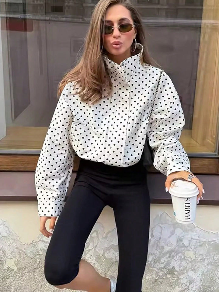 Women Polka-Dot Stand Collar Blouse with Oversized Balloon Sleeves Mune Fashion