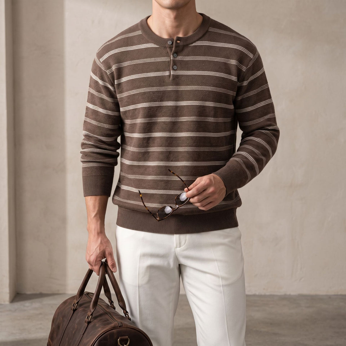 Men's Henley knit sweater with fine texture and horizontal stripes Mune Fashion