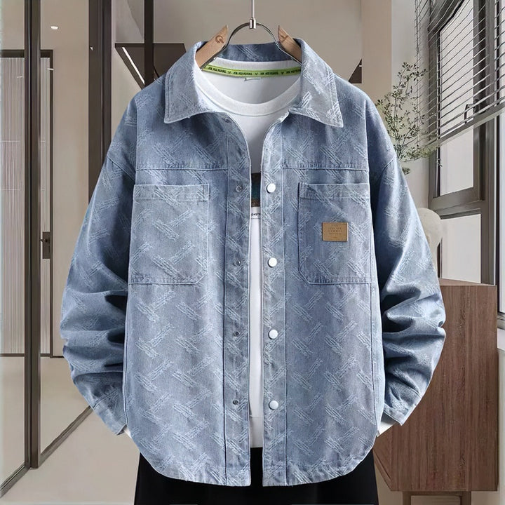 Men's jeans overshirt with subtle textured jacquard, snap-button chest pockets, and shirt collar Mune Fashion