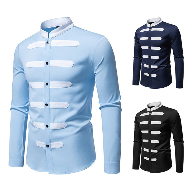 Men's Slim-Fit Shirt with Stand Collar and Decorative Piping Stripes Mune Fashion