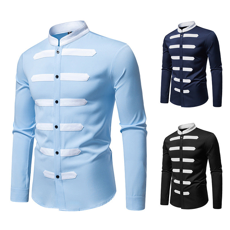 Men's Slim-Fit Shirt with Stand Collar and Decorative Piping Stripes Mune Fashion