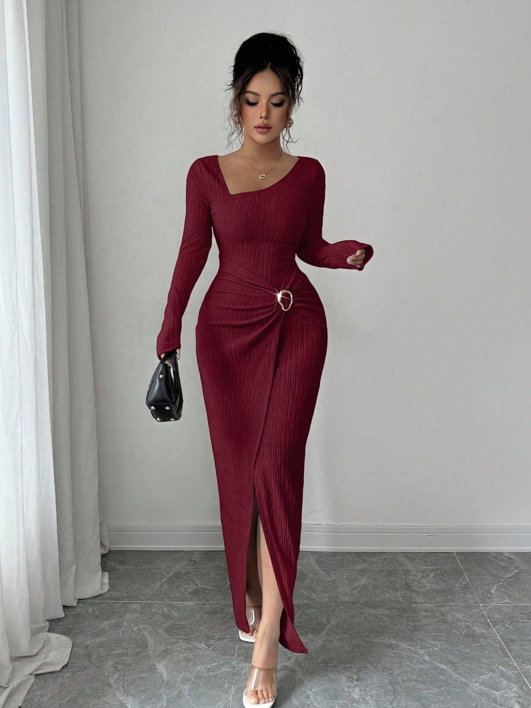 Women’s figure-hugging maxi dress made of ribbed knit with wrap detail and slit Mune Fashion