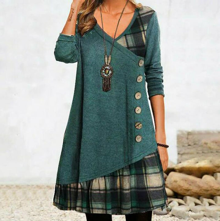 Women's asymmetrical V-neck tunic dress with decorative button placket and animal print trim Mune Fashion