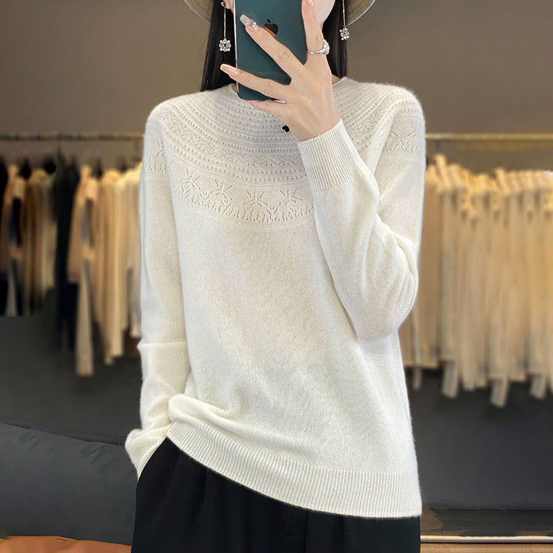 Ladies Soft Ajour-Yoke Round Neck Sweater in Cashmere-Look Fine Knit Mune Fashion