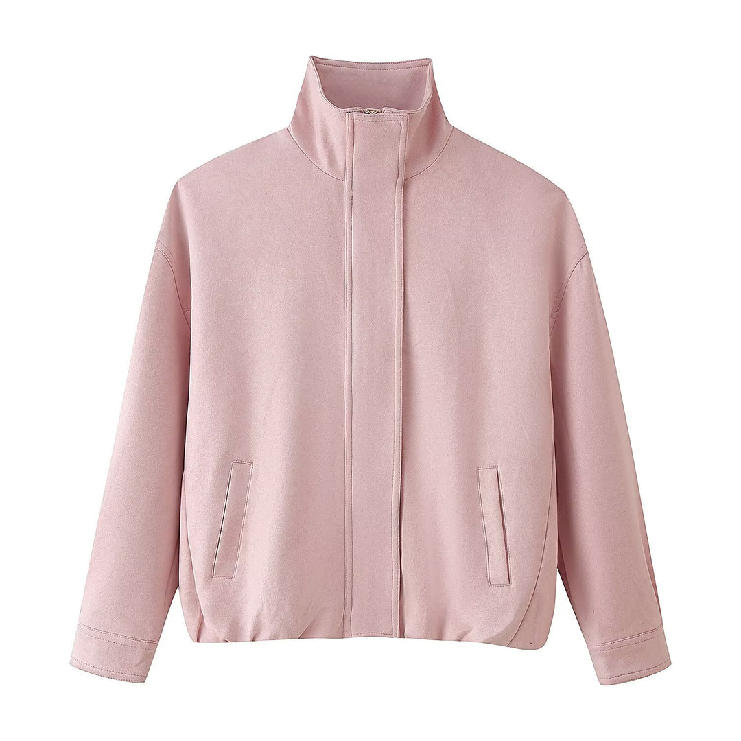 Women's Boxy Short Jacket with High Stand Collar and Concealed Zipper Mune Fashion