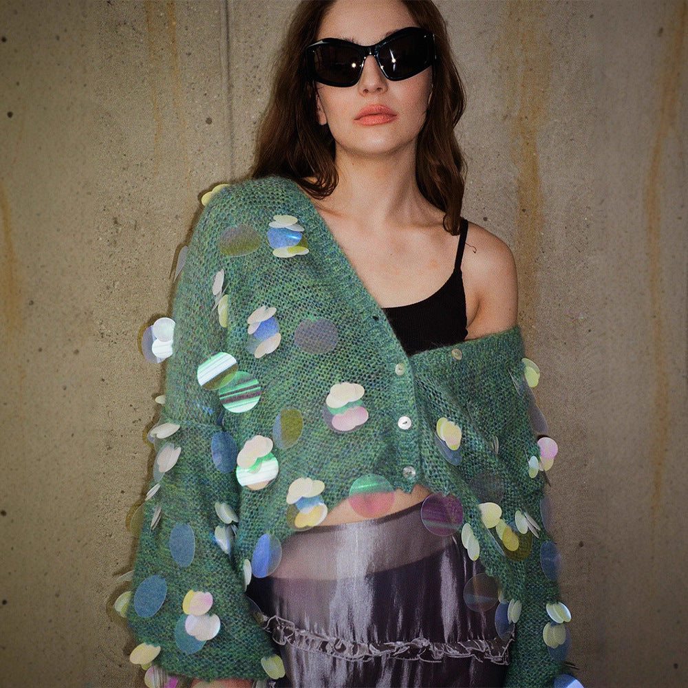 Women's Chunky Knit Mohair Cardigan with Oversized Sequins and Boxy Silhouette Mune Fashion