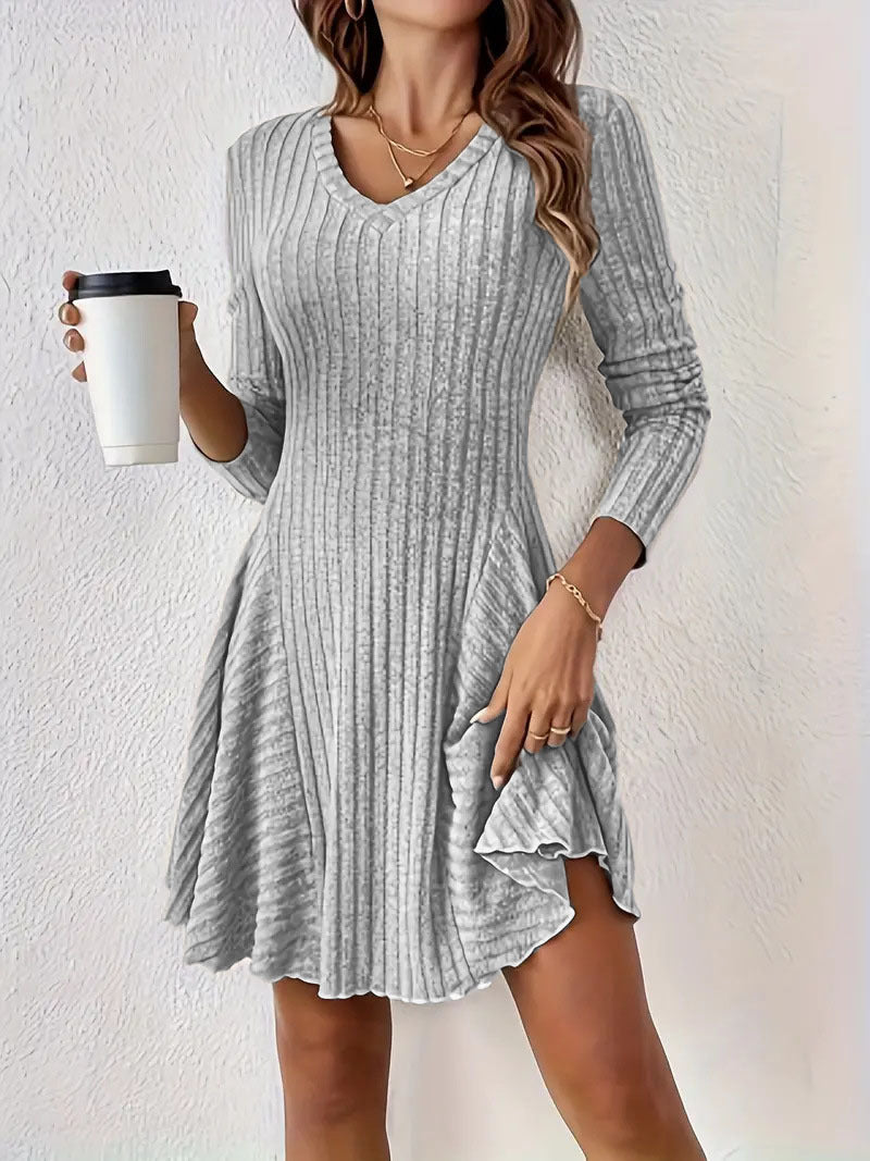 Women's Ribbed V-Neck Mini Dress with Flared Skirt and Patch Pockets Mune Fashion