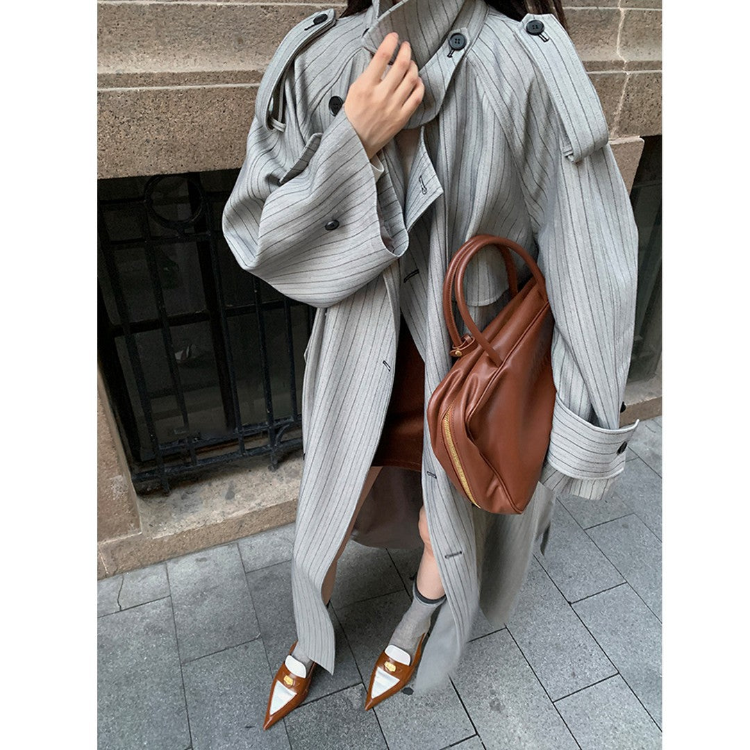 Women’s Long Pinstripe Trench Coat with Tie Belt Shoulder Straps and Flared Hem Mune Fashion