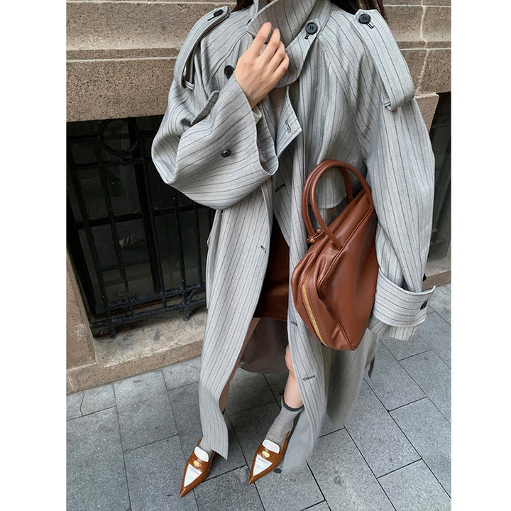 Women’s Long Pinstripe Trench Coat with Tie Belt Shoulder Straps and Flared Hem Mune Fashion