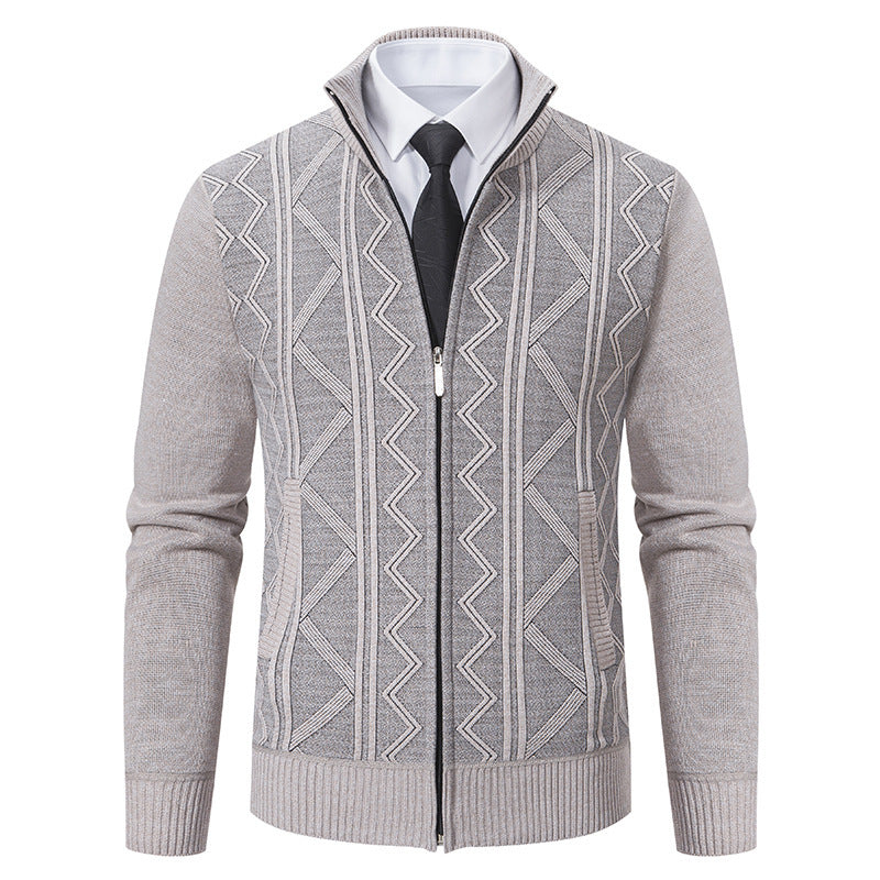 Men's Structured Fine Knit Zip Cardigan with Stand-Up Collar and Geometric Cable Pattern Mune Fashion