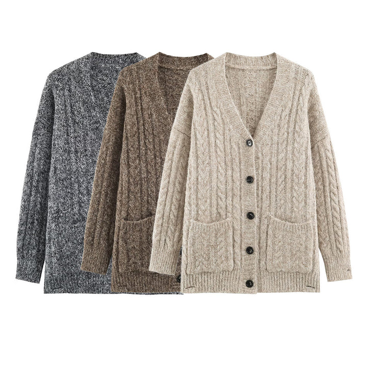 Women Large Knitted Oversize Cardigan with Cable Knit V-Neck and Patch Pockets Mune Fashion