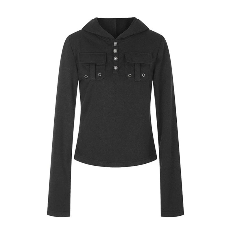 Women's Lightweight Hoodie Long Sleeve Shirt with Henley Button Placket and Patch Chest Pockets Mune Fashion