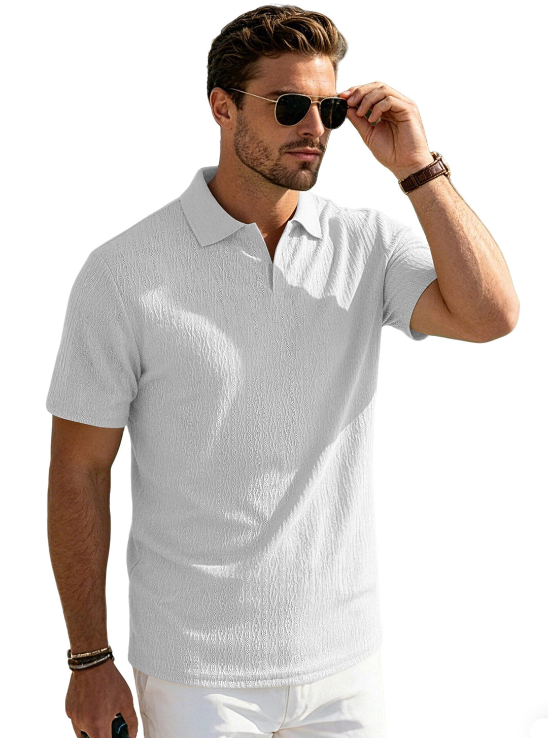 Men's elegant short-sleeve polo made of structured micro-jacquard cotton blend with shape-retaining shirt collar Mune Fashion