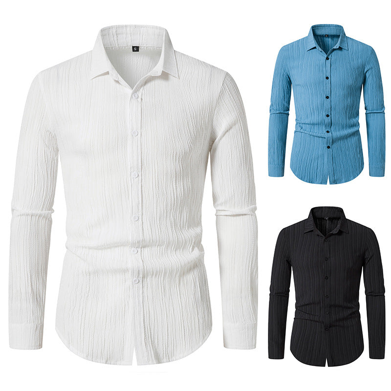 Men's Textured Slim-Fit Shirt with Crinkled Texture and Kent Collar Mune Fashion