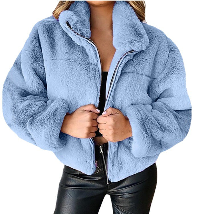 Women nan short cozy faux fur jacket with stand-up collar and zipper Mune Fashion