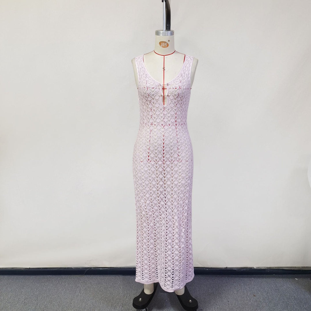 Women Elegant Mesh Dress with Deep V-Neck and Button Details Mune Fashion