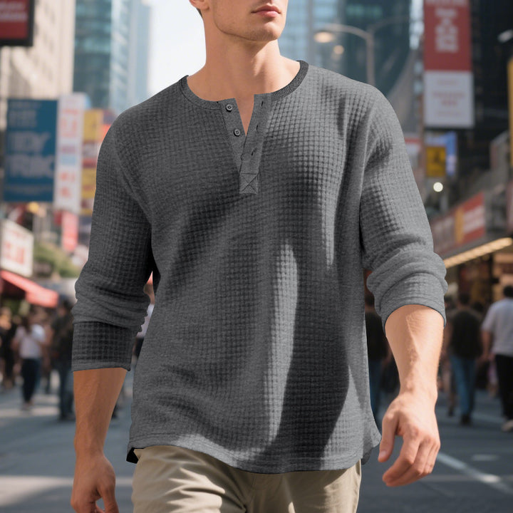 Men's Waffle Structure Henley Long Sleeve Shirt with Crew Neck, Multiple Button Placket and Relaxed Fit Mune Fashion