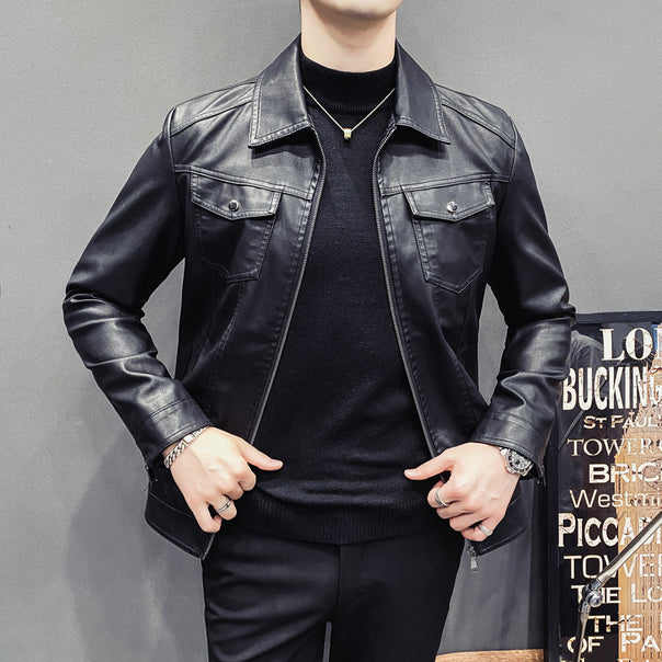 Men's leather-look trucker jacket with zipper, flap pockets and fitted silhouette Mune Fashion
