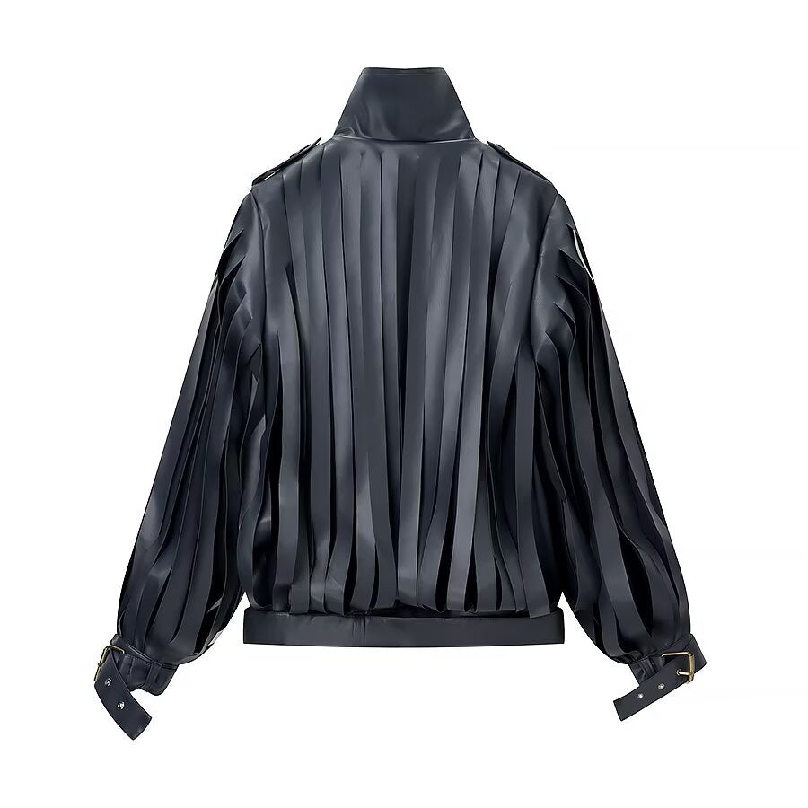 Ladies Faux Leather Fringe Blouson with Stand-up Collar and Waist Belt Mune Fashion