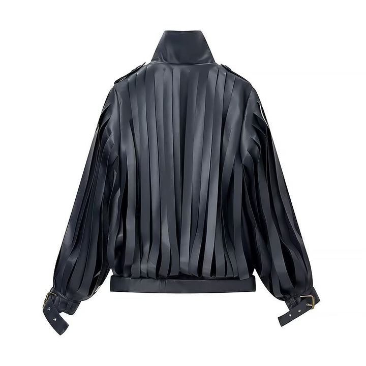 Ladies Faux Leather Fringe Blouson with Stand-up Collar and Waist Belt Mune Fashion