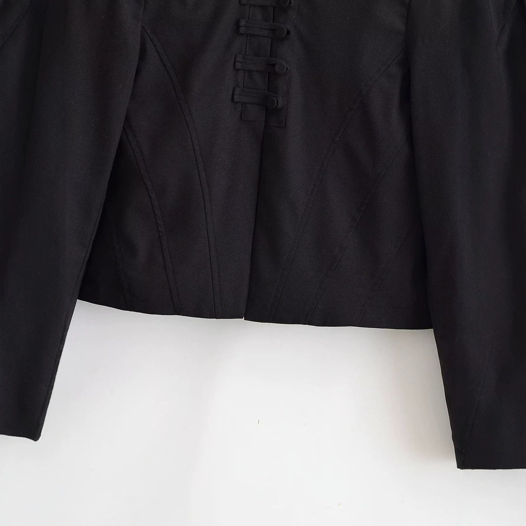Women Short Tailored Blouson Jacket with Stand-up Collar, Decorative Loops and Seams Drune