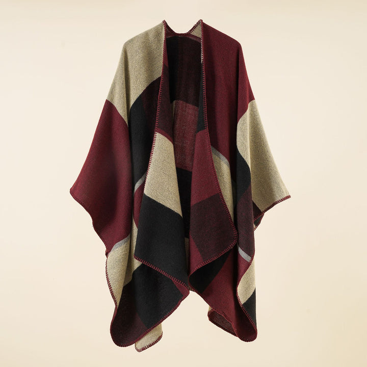 Women's Triangular Knit Poncho with Geometric Jacquard Pattern and Decorative Stitch Mune Fashion