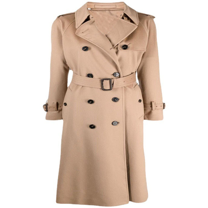 Women's Midi Length Wool Blend Trench Coat in Tailoring with Double Breasted, Waist Belt and Epaulettes Mune Fashion