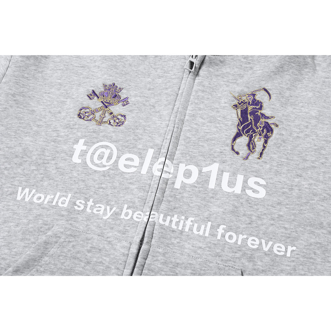 Unisex Hooded Zip Jacket with Embroidered Crest and Front Print Mune Fashion