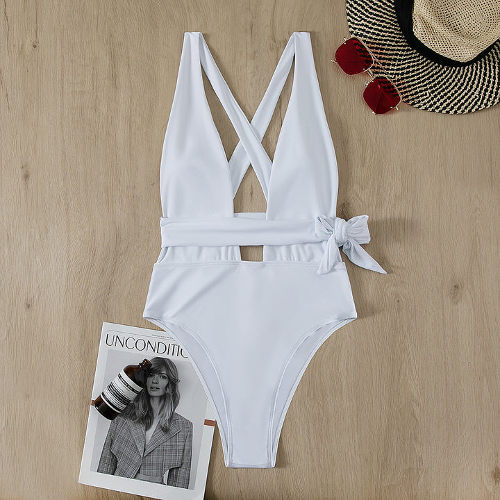 Women’s Sporty One-Piece Swimsuit with Cross-Back and Tie Belt Mune Fashion