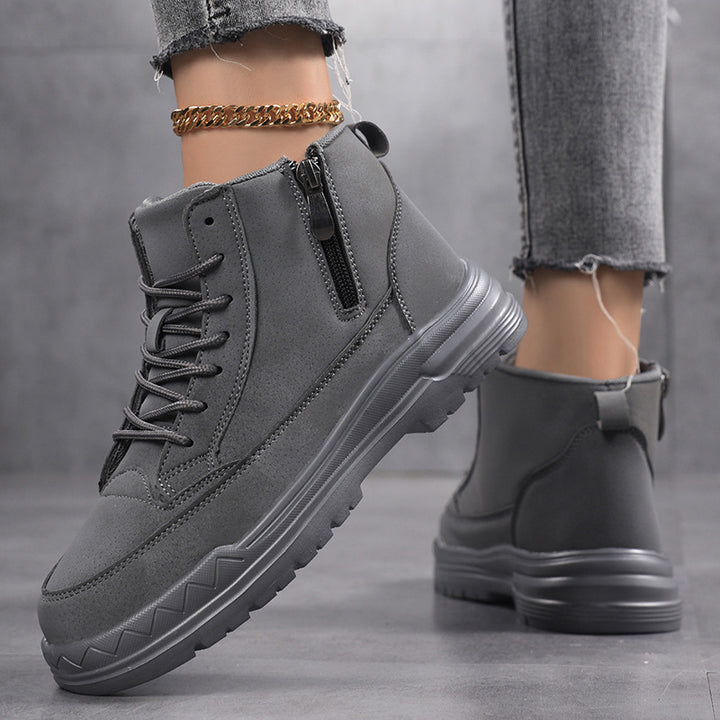 Women's ankle-high city trekker with side zipper, adjustable lacing, padded shaft, and grippy rubber outsole Mune Fashion