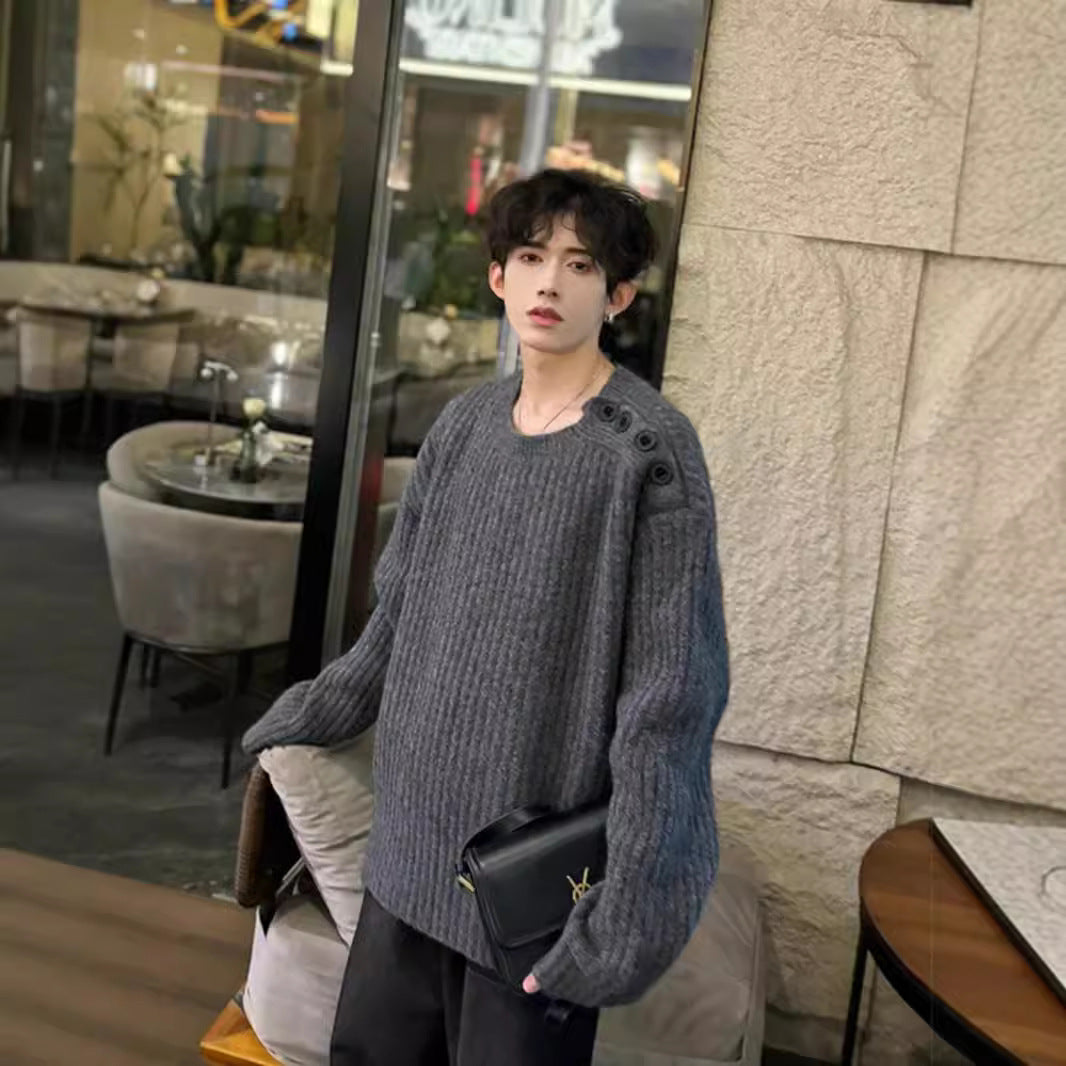 Men's Chunky Knit Oversized Sweater with Round Neckline and Shoulder Button Placket Mune Fashion
