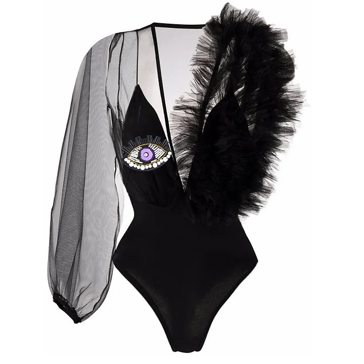 Women's one-piece swimsuit with elaborate ruffle design and embellished eye-catcher Mune Fashion