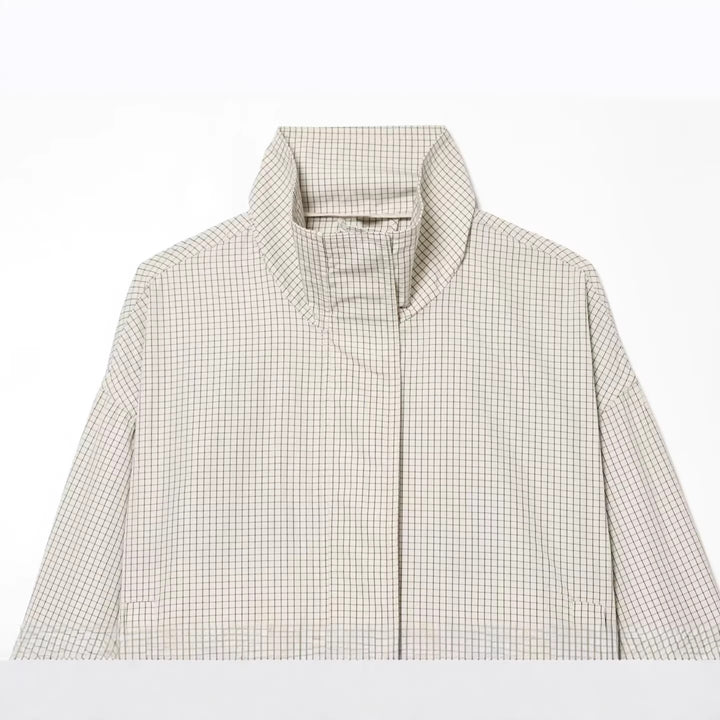 Women's Short Cropped Stand Collar Jacket with Drawstring Hem and Fine Check Pattern Mune Fashion