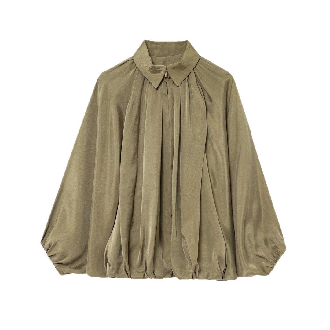 Women's Oversized Shirt Blouse with Zipper, Ruffles and Balloon Sleeves Mune Fashion