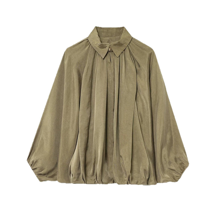 Women's Oversized Shirt Blouse with Zipper, Ruffles and Balloon Sleeves Mune Fashion