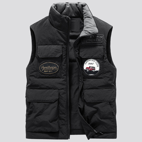 Men's Padded Utility Vest with Multiple Pockets and Badge Patches Mune Fashion