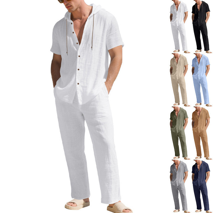 Men's urban leisure set with short-sleeved hoodie shirt, button placket, and straight comfort pants with drawstring Mune Fashion