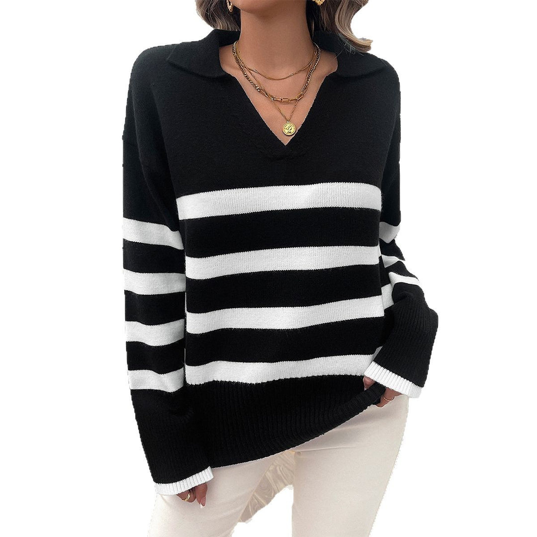 Women's casual V-neck knitted sweater with polo collar, ribbed sleeve cuffs, and bold block stripes Mune Fashion