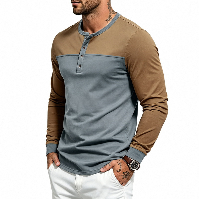 Men's Slim-Fit Henley Long Sleeve Shirt with Contrasting Insert and Button Placket Mune Fashion