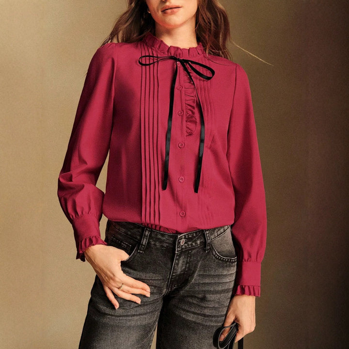 Women's ruffle blouse with stand-up collar, vertical pleats and ribbon tie Drune