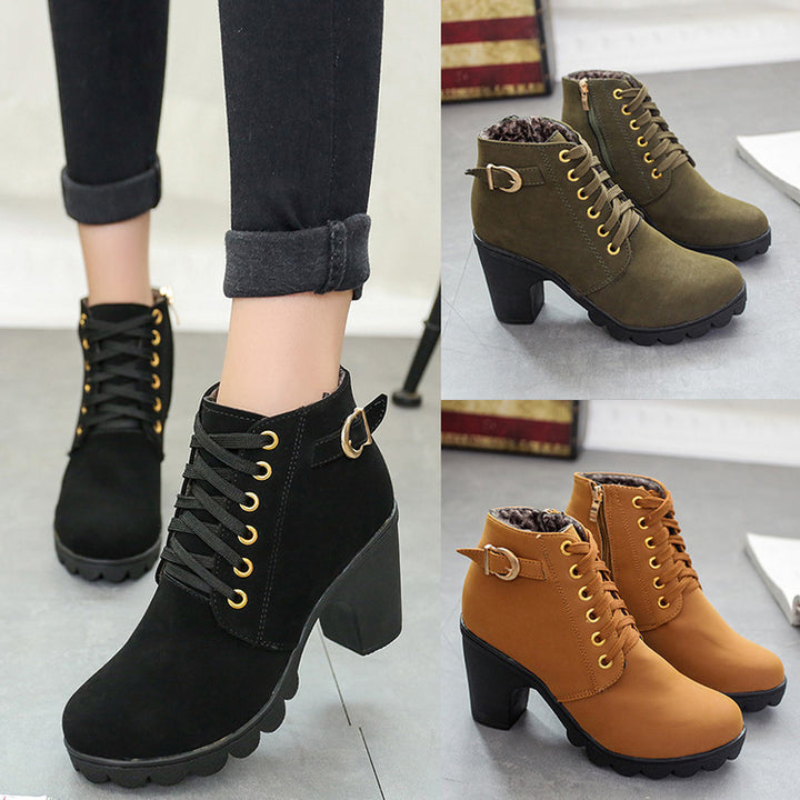 Women's elegant lace-up ankle boots with mid-block heel, grooved rubber sole, and decorative metal buckle Mune Fashion