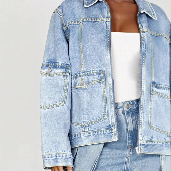 Women's Oversize Utility Denim Jacket with Large Flap Pockets and Zipper Mune Fashion