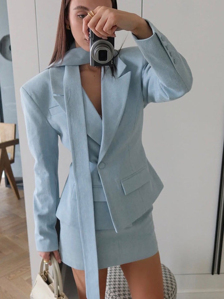 Women Tailored Blazer Mini Skirt Set with Tied Scarf, One-Button Jacket and Figure-Hugging Silhouette Mune Fashion